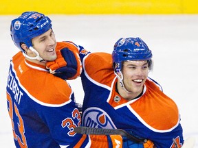 Taylor Hall, left, celebrates with teammate Colten Teubert after scoring the game winning goal against the Los Angeles Kings in the Oilers' 2-1 overtime win on  Jan. 15.
Amber Bracken, Edmonton Sun