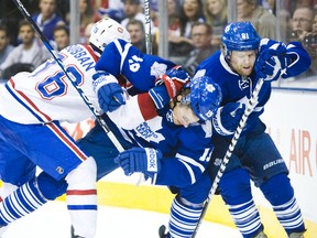 Maple Leafs forward Phil Kessel battles with Montreal Canadiens P.K. Subban in Toronto on Saturday. (Ernest Doroszuk /TORONTO SUN)