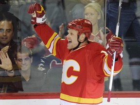 Olli Jokinen celebrates a first period goal during NHL action between the Calgary Flames and the Washington Capitals at the Scotiabank Saddledome in Calgary, Oct. 30, 2010. (JIM WELLS/QMI AGENCY)
