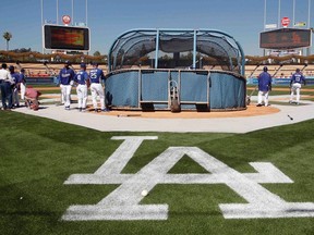 The Los Angeles Dodgers take batting practice before their Opening Day MLB National League baseball game against the San Francisco Giants in Los Angeles, California in this March 31, 2011 file photo. (REUTERS/Alex Gallardo)