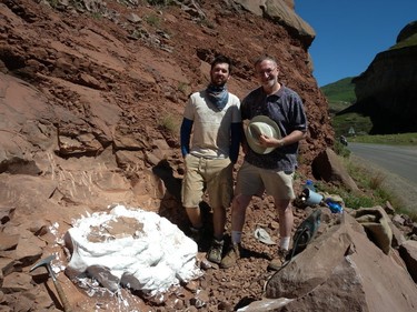 Research leaders Reisz and Evans with nest in plaster, nesting site, Golden Gate Highlands National Park, South Africa. Plaster protects the excavated nest, just like the broken bone in a human. (Photo by N. Wong-Ken)