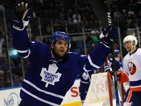 Clarke MacArthur celebrates a second-period goal against the New York Islanders on Tuesday night. (Reuters)
