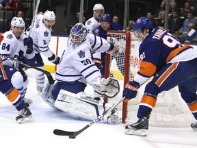 New York Islanders’ John Tavares is unable to beat Maple Leafs goaltender Jonas Gustavsson during second-period action at the Air Centre Centre on Monday night. (Michael Peake,Toronto Sun)