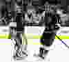 Los Angeles Kings goalie Jonathan Quick (L) and defenseman Drew Doughty celebrate defeating the Ottawa Senators 4-1 in their NHL hockey game in Los Angeles, California January 23, 2012.   REUTERS/Alex Gallardo  (UNITED STATES - Tags: SPORT ICE HOCKEY)