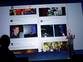 Facebook CEO Mark Zuckerberg introduces Timeline, a new feature for Facebook during his keynote address at the Facebook f8 Developers Conference in San Francisco Sept. 21, 2011.  REUTERS/Robert Galbraith