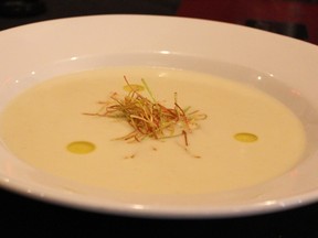 Creamy leek, potato and bacon soup.