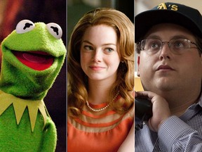 From left: Kermit the Frog in "The Muppets", Emma Stone in "The Help" and Jonah Hill in "Money Ball."