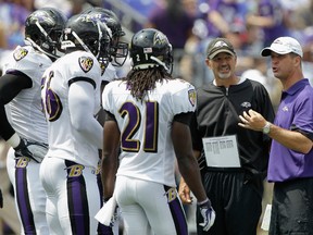Ravens head coach John Harbaugh (right) and Chuck Pagano talk with the defence during training camp at M&T Bank Stadium in Baltimore, Md., Aug. 6, 2011. (ROB CARR/Getty Images/AFP)