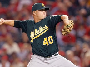 Closer Andrew Bailey pitches against the Angels in Anaheim, Calif., Sep. 23, 2011. (ALEX GALLARDO/Reuters)