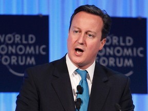 Britain's Prime Minister David Cameron addresses a session at the World Economic Forum (WEF) in Davos on January 26, 2012. (REUTERS/Arnd Wiegmann)