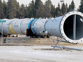 A cyclindrical component sits on blocks  at the site where a cancelled BA Energy upgrader would have been located, west of Bruderheim, Alberta on Jan. 11, 2012. The site is east of a pumping station to be built by Enbridge pending approval of the Northern Gateway pipeline. The Enbridge project is undergoing a review process. (IAN KUCERAK/QMI AGENCY)