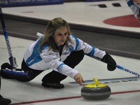 Dan Falloon/Portage Daily Graphic/QMI Agency

St. Vital's Jennifer Jones makes a shot at the Scotties Tournament of Hearts presented by Monsanto at the PCU Centre in Portage la Prairie, Man. on Wednesday, January 25.