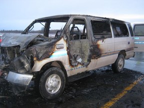 This prisoner escort van was involved in "a series of events" that led to a fiery crash around 7:43 a.m. Thursday on Highway 2, north of the Nisku exit at Highway 625, say Leduc Mounties. (RCMP PHOTO)