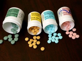 Oxycontins come in different strengths and colours: from left, 80mg (green), 40mg (yellow), 5mg (turquoise), and 20mg (pink) which make them easily identifiable for patients but also on the street.