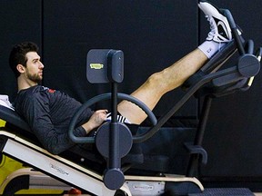 Andrea Bargnani, seen here working out at a Raptors practice, will be out after aggravating a previous calf injury. (Ernest Doroszuk/QMI Agency)