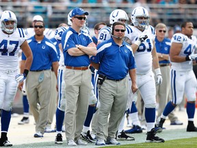 Injured Indianapolis Colts' quarterback Peyton Manning and offensive coordinator Clyde Christensen look on during a game against the Jacksonville Jaguars in early January. (GETTY IMAGES)