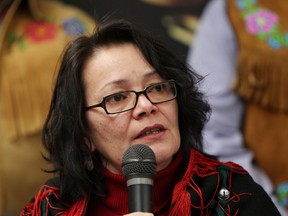 Chief Jackie Thomas of Saik’uz First Nation speaks to the media during a press conference where First Nations representatives from Alberta and NWT signed the Save the Fraser Declaration opposing the proposed Enbridge Pipeline and Tankers project in Edmonton Friday Jan.  27, 2012. (DAVID BLOOM/QMI AGENCY)