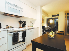 The kitchen in Bonhomme’s one bedroom condo has plenty of cupboards. QMI Agency photos