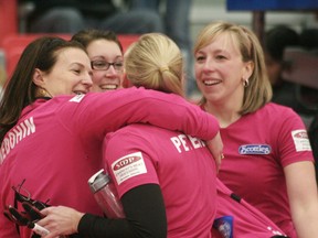 Team Nedohin celebrates after winning the Alberta Scotties TouRrnament of Hearts against Team Kaufman Sunday at the Leduc Recreation Centre. Team Nedohin won 8-5 in nine ends to clinch the provincial tournament and will now represent Alberta in the national Scotties Tournament of Hearts in Red Deer. Feb. 18-26.