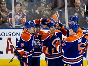 Jordan Eberle celebrates his goal against San Jose on Jan. 23. Along with Taylor Hall, Eberle has been one of the most consistent players on the team this season. (Edmonton Sun file)