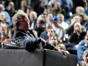 Blue Jays president Paul Beeston addresses a crowd of season-ticket holders during the team’s annual state of the union gathering at Rogers Centre Monday night. (Dave Abel/Toronto Sun)
