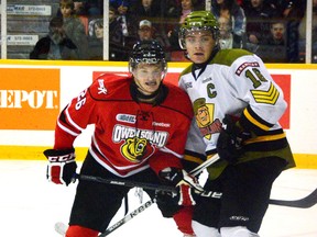 Brampton Battalion captain Sam Carrick (right) has his club battling the Niagara IceDogs for top spot in the OHL Central Division. (QMI AGENCY)