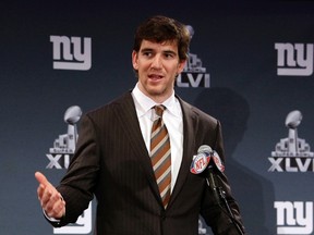 Giants quarterback Eli Manning during Monday's Super Bowl press conference. (REUTERS)