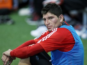 Toronto FC's new full back Miguel Aceval takes a breather during Monday's workout in Oakville. (CRAIG ROBERTSON/ Toronto Sun)