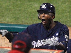 Milwaukee Brewers outfielder Nyjer Morgan will practise with the San Jose Sharks Wednesday afternoon.(REUTERS/Jim Young)