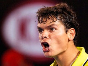 Milos Raonic of Canada reacts during his men's singles match against Lleyton Hewitt of Australia at the Australian Open tennis tournament in Melbourne Jan. 21, 2012. (REUTERS/Tim Wimborne)