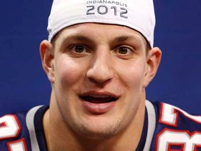 Patriots tight end Rob Gronkowski answers a question during Super Bowl media day in Indianapolis on Tuesday, Jan. 31, 2012. (REUTERS/Jeff Haynes)