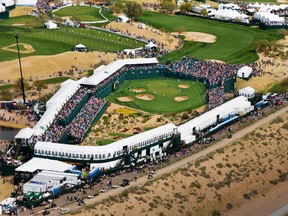 The 16th green at TPC Scottsdale can hold upwards of 20,000 over-refreshed fans.