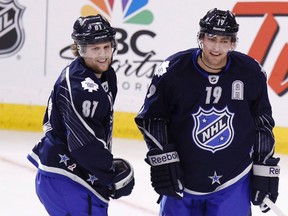 Joffrey Lupul, seen here celebrating a goal at the NHL all-star game with teammate Phil Kessel, says there are no more excuses now that everyone is healthy again. (REUTERS)