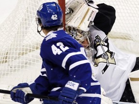 Maple Leafs’ Tyler Bozak scores against Pittsburgh Penguins’ goalie Marc-Andre Fleury only to have the goal called back due to goaltender interference during Tuesday's game in Pittsburgh.