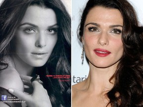 Rachel Weisz in a L'Oreal Paris advertisement, left, and attending the Toronto International Film Festival in September 2011. (L'Oreal Paris, Dominic Chan/WENN.com)