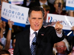 U.S. Republican presidential candidate and former Massachusetts Governor Mitt Romney addresses supporters after the television networks declared him the winner of the Florida primary, at his primary night rally in Tampa, Fla., January 31, 2012.  REUTERS/Mike Carlson