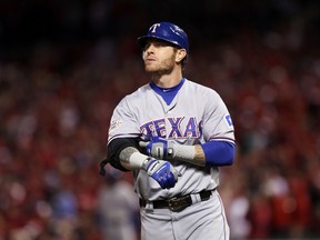Rangers batter Josh Hamilton reacts after grounding out against the Cardinals at Busch Stadium in St.Louis, Miss., Oct. 28, 2011. (EZRA SHAW/Getty Images/AFP)