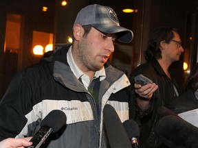 Shawn Desrochers (nephew of victims) speaks to media after the verdict came down for the Labossiere murder trial at the Law Courts on Wed., Feb. 1, 2012. (JASON HALSTEAD/QMI AGENCY)