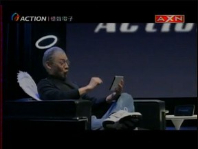 Taiwanese comedian and impersonator Ah-Ken portrays Steve Jobs as an angel in a commercial for Action Pad, a new Android tablet. (SCREENSHOT)