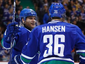 Vancouver Canucks' Jannik Hansen celebrates a goal against the San Jose Sharks with teammate Cody Hodgson during the first period of their NHL game in Vancouver, British Columbia January 2, 2012. (REUTERS/Ben Nelms)