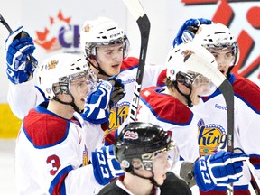 the Oil Kings celebrate a goal against the Red Deer Rebels Friday at Rexall Place. (Amber Bracken, Edmonton Sun)
