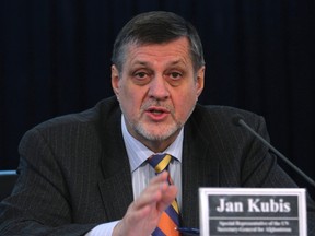 Jan Kubis, the United Nations special representative in Afghanistan, gestures during a news conference in Kabul February 4, 2012. (REUTERS/Mohammad Ismail)