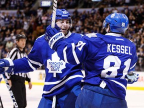 Leafs' Joffrey Lupul and Phil Kessel celebrate a goal against the Winnpeg Jets earlier this season. (DAVE ABEL/Toronto Sun