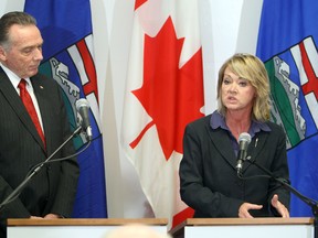 Canada's Environment Minister Peter Kent and Alberta's Minister of Environment and Water Diana McQueen take part in the announcement of a joint Canada and Alberta monitoring system for the Alberta oil sands, during press conference at the University of Alberta in Edmonton, Friday Feb. 3, 2012.  BLOOM EDMONTON SUN  QMI AGENCY