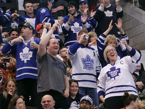 The Ottawa Senators took on the Toronto Maple Leafs at Scotiabank Place in Ottawa Feb 4, 2012.Leaf fans celerte their fifth goal in the third period Saturday night in Ottawa.   Tony Caldwell/QMI Agency