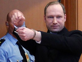 Norwegian Anders Behring Breivik, who killed 77 people, arrives at a court hearing in Oslo on February 6, 2012. Breivik admitted to detonating a bomb at a government building in Oslo that killed eight people and gunning down 69 more at an island summer camp for Labour Party youths in July. The court will decide if Breivik will be remanded in custody. (REUTERS/Lise Aserud/Scanpix Norway)