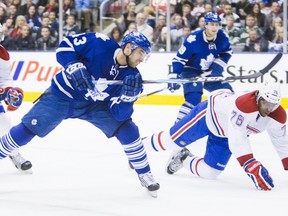 Nazem Kadri, seen here battling the Montreal Canadiens in January, is back on the farm with the AHL Toronto Marlies. (ERNEST DOROSZUK/ Toronto Sun)