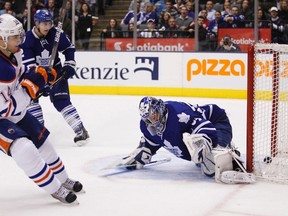 Jordan Eberle scores one of his two goals against Toronto Monday night (Mark Blinch, Reuters).