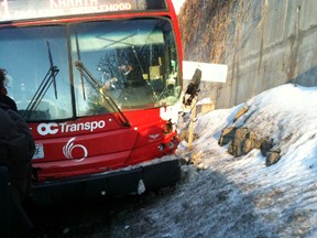 About a dozen people suffered minor injuries and were taken to hospital after two OC Transpo buses crashed on the Transitway near Tunney's Pasture on Tuesday, Feb. 7, 2012. (Reader submitted image)