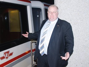 Rob Ford rides the Scarborough RT in February 2012. (Joe Warmington/Toronto Sun files)